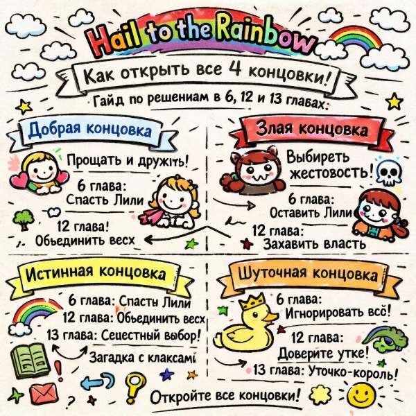 Обложка Hail to the Rainbow - как открыть все 4 концовки: гайд по решениям в 6, 12 и 13 главах