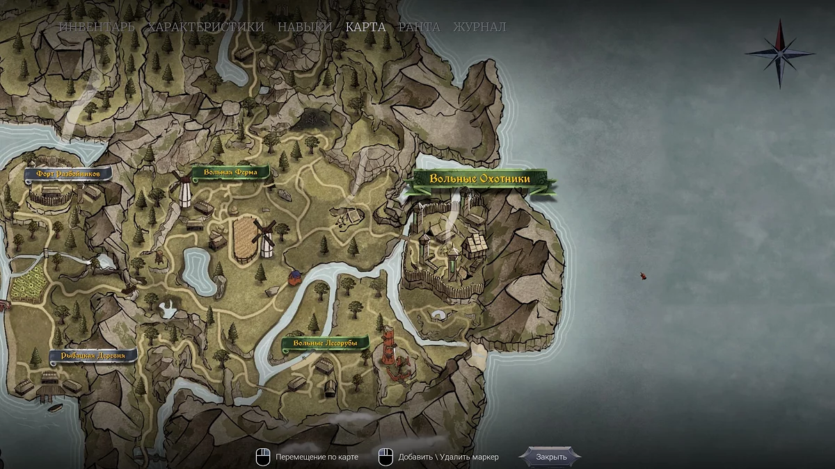 Общий вид крепости Вольных Охотников с деревянными укреплениями и зелёными флагами