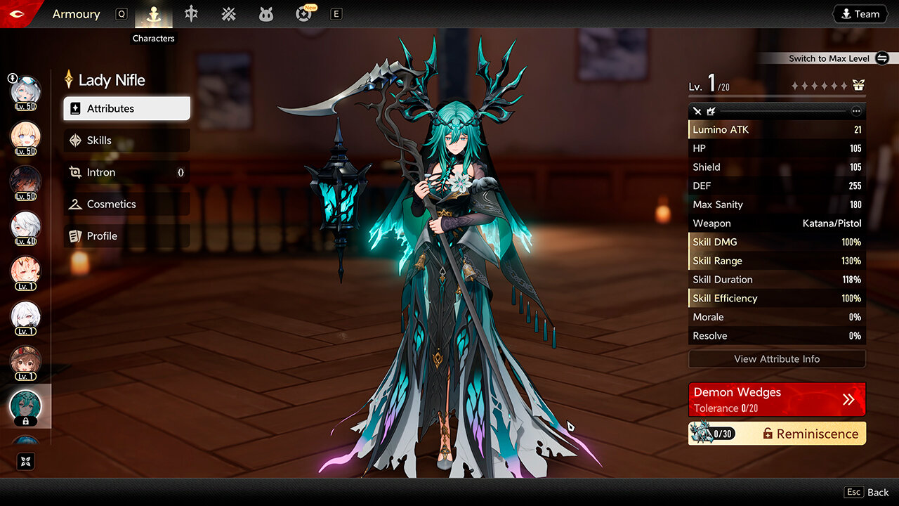 Меню персонажа с отображением текущего запаса воспоминаний в Duet Night Abyss