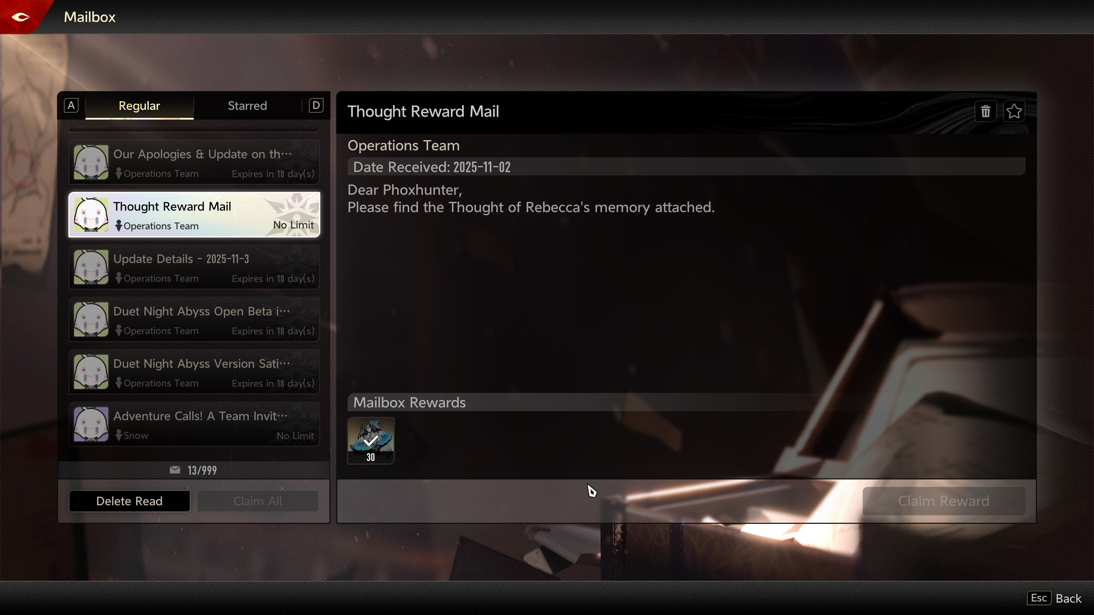 Меню получения Ребекки в Duet Night Abyss через воспоминания персонажа