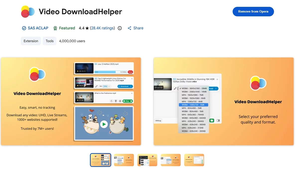 Расширение Video DownloadHelper с интерфейсом выбора качества