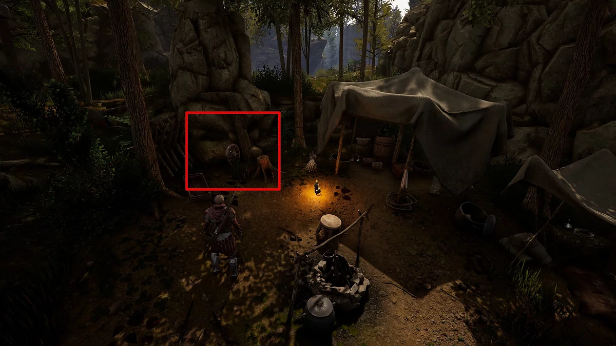 Лагерь хобстеров с палаткой, костром и первым колесом возле пня