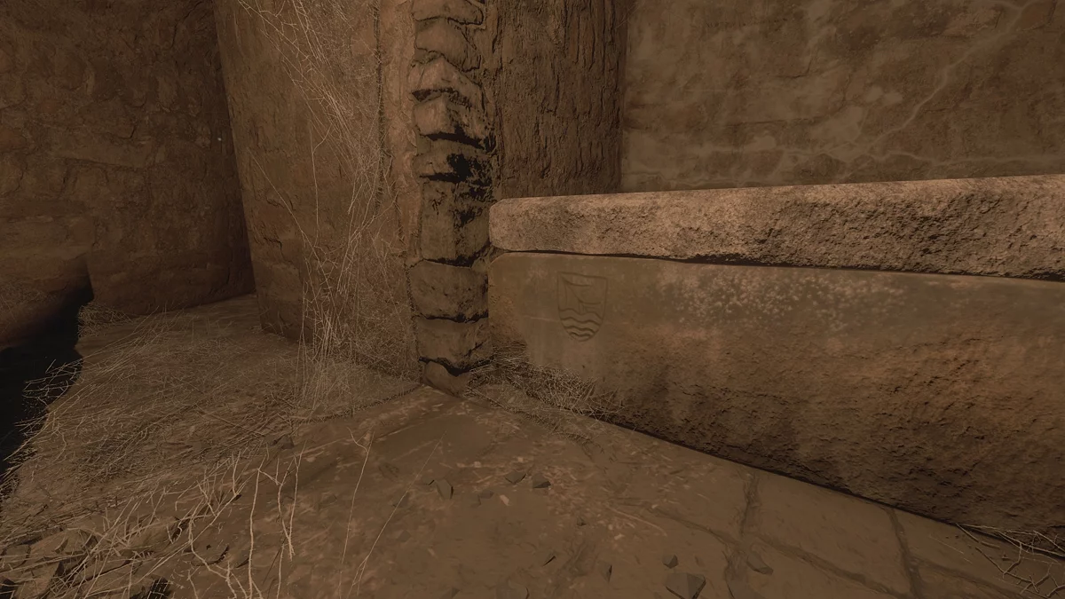 Гробница с гербом Бавора и открытым саркофагом со свежим телом в крипте