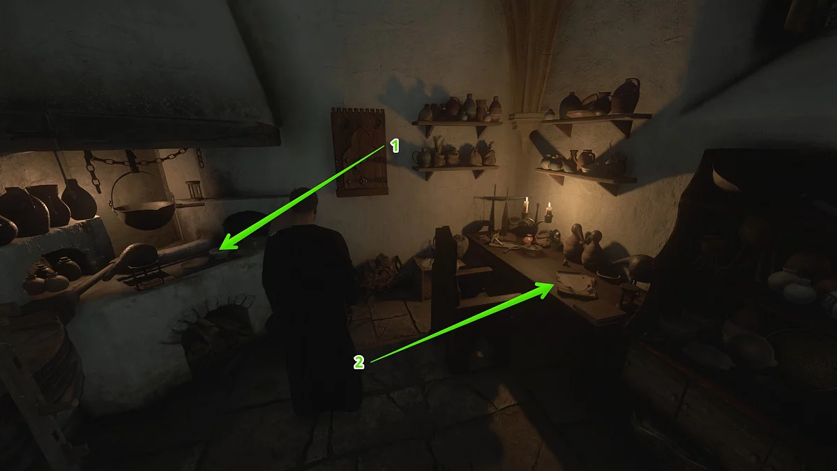 Изготовление чумного капюшона на столике в лазарете монастыря