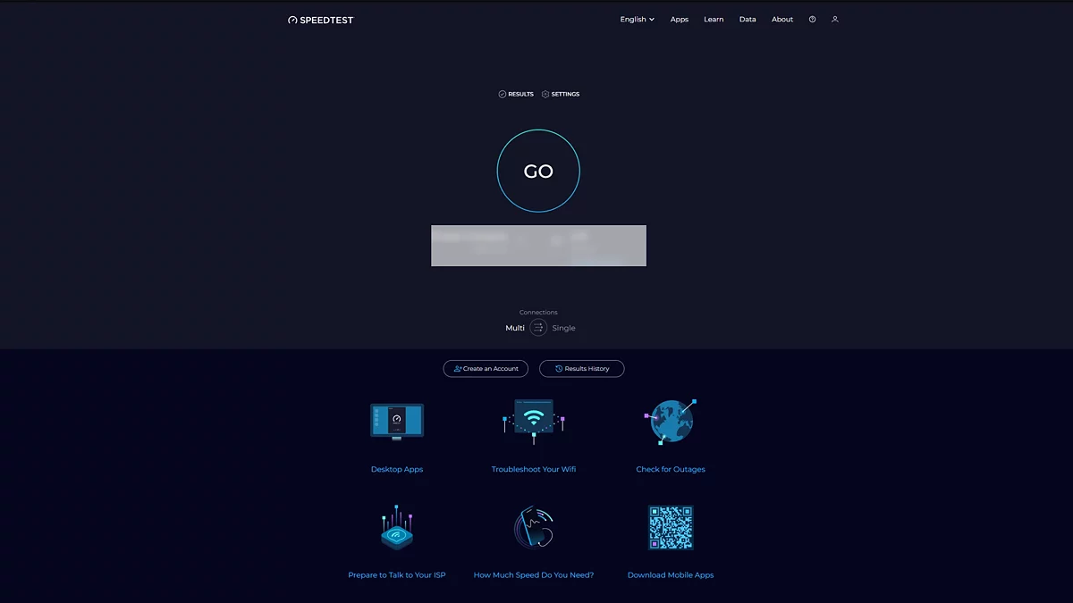 Интерфейс сервиса Speedtest для проверки скорости интернета