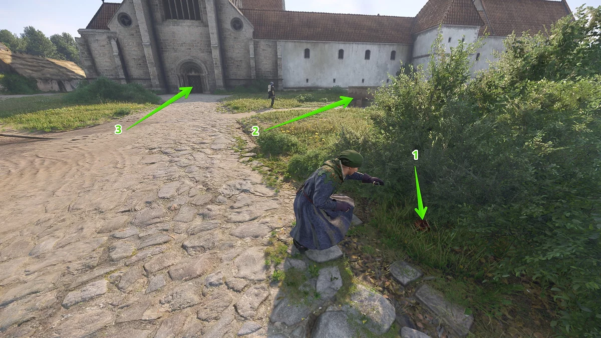 Крупный план красного кошелька Славека у белокаменного здания возле ворот