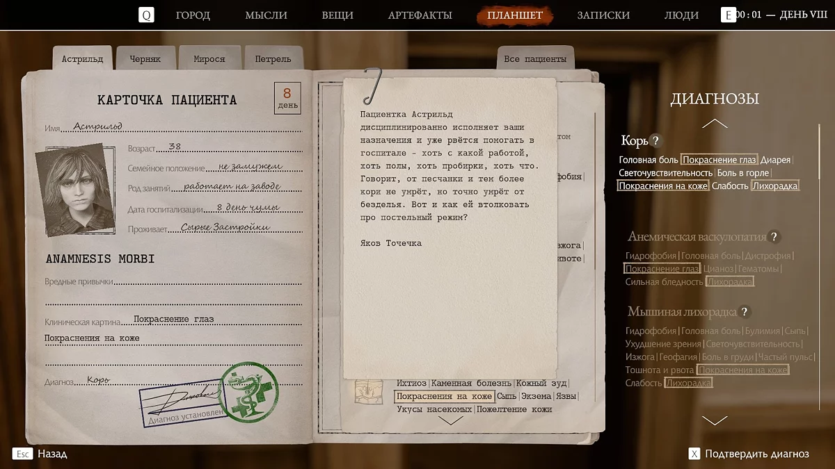 Список пациентов и их диагнозов в Pathologic 3 на День 8