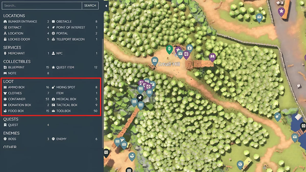 Значки лута на карте — ящики с патронами, провизией, медикаментами и инструментами