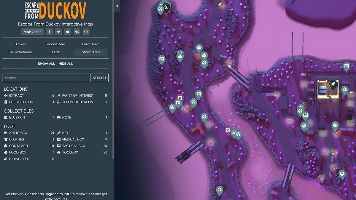 Интерфейс интерактивной карты Escape from Duckov с меню управления и фильтрами