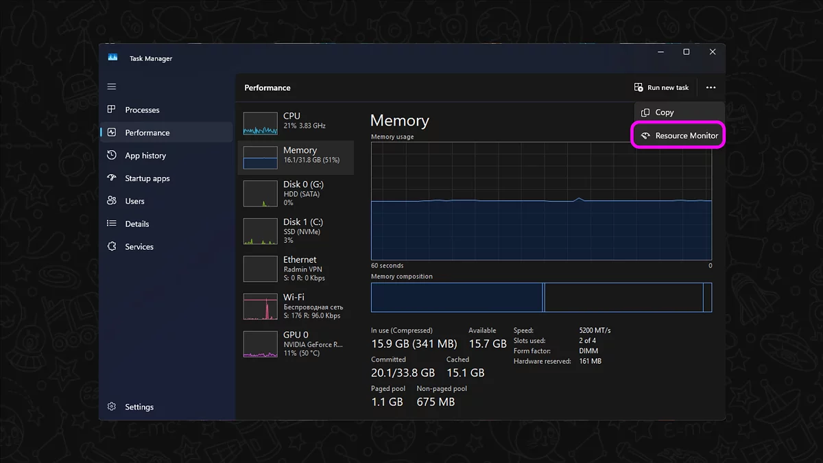 Монитор ресурсов Windows для детальной проверки нагрузки процессов