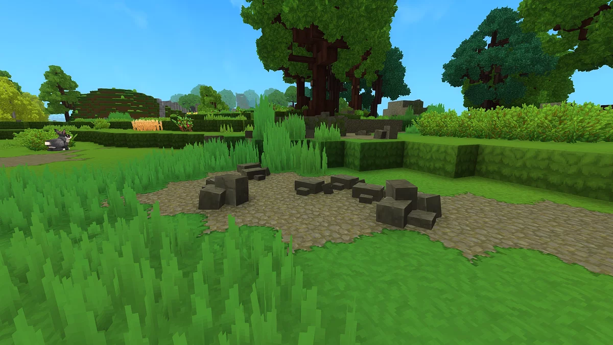 Добыча базовых ресурсов в Hytale - кучи камней, трава и палки для крафта инструментов