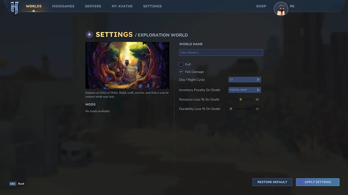 Настройки мира в Hytale - параметры PvP, урона от падения и штрафов при смерти