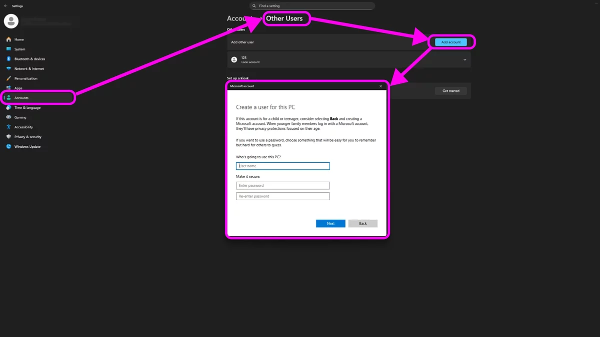 Меню параметров Windows для управления учётными записями пользователей