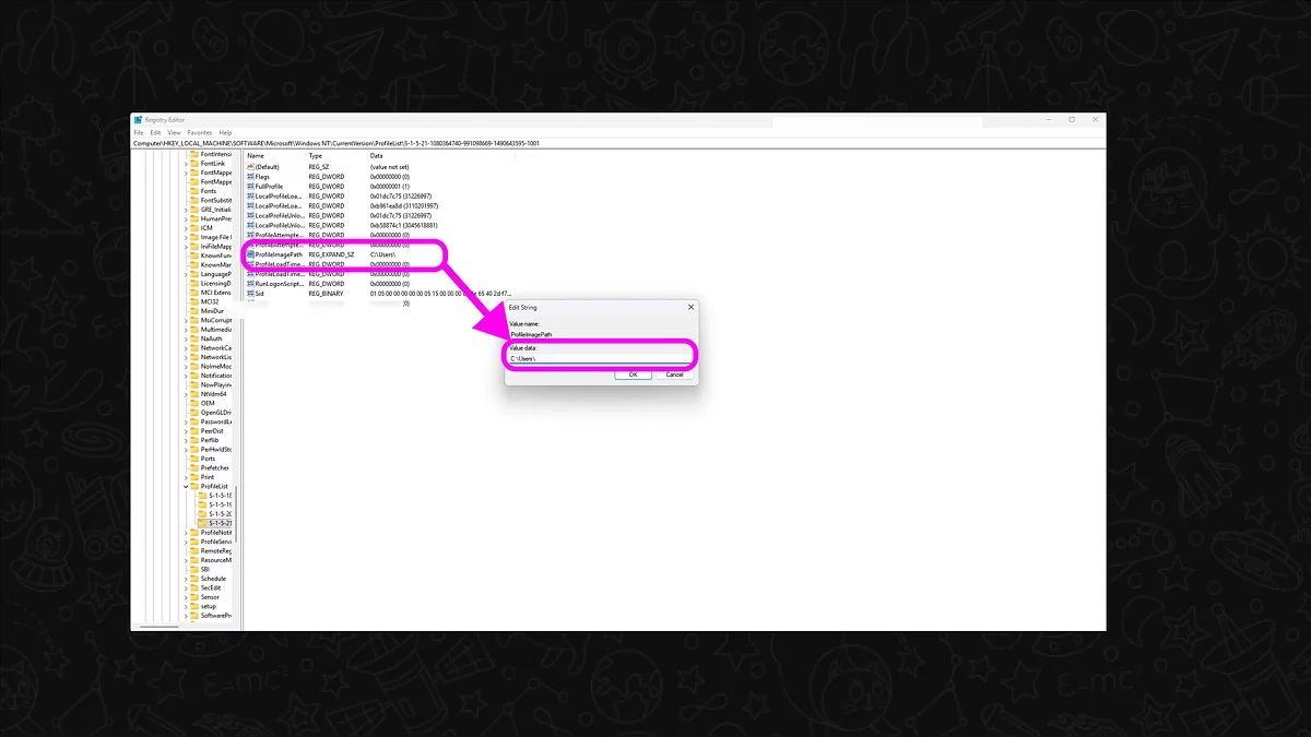 Редактор реестра Windows с разделом ProfileList