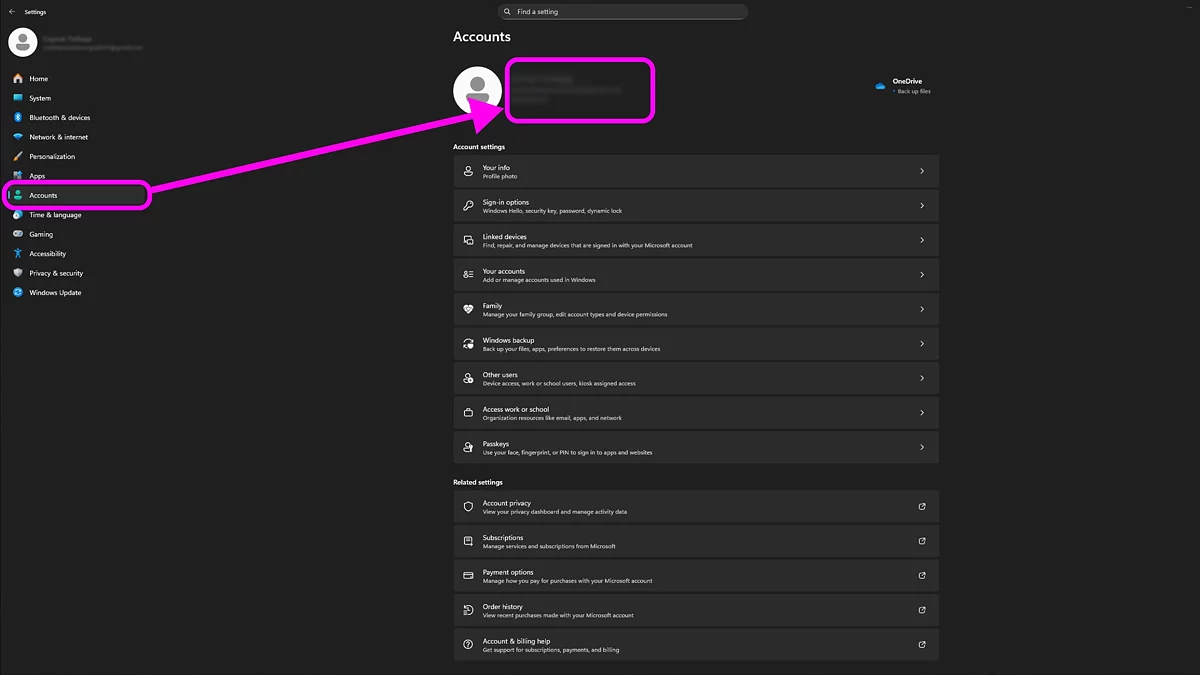 Окно параметров Windows с информацией об учётной записи пользователя