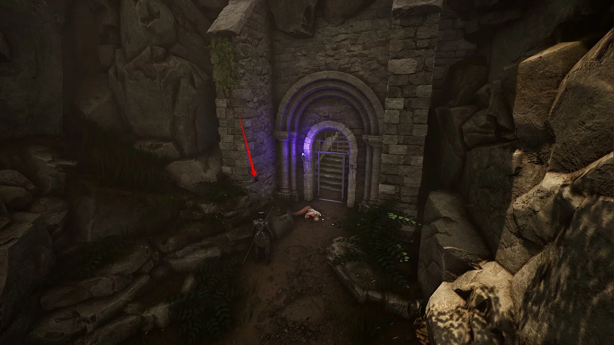 Противник у решётки в руинах, которого нужно избегать перед активацией рычага