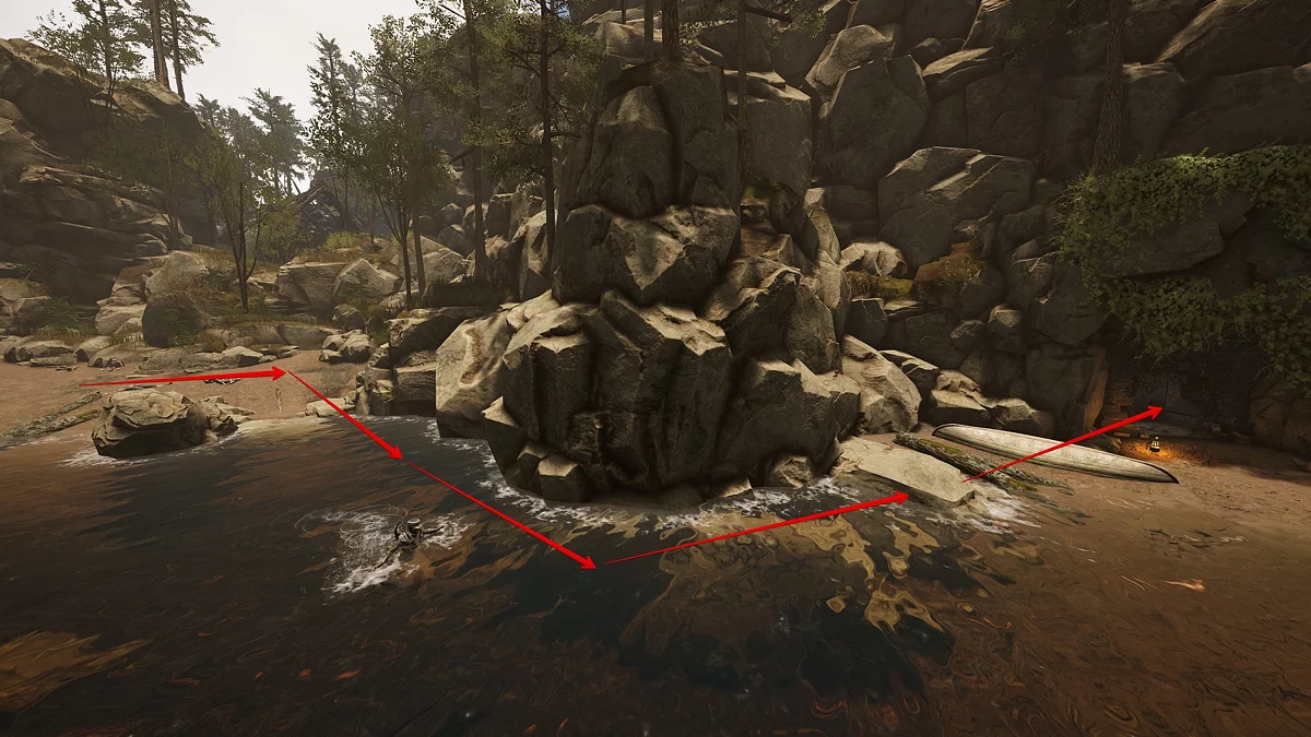 Вход в склеп в скале вдоль берега, где обитает жнец 40-го уровня