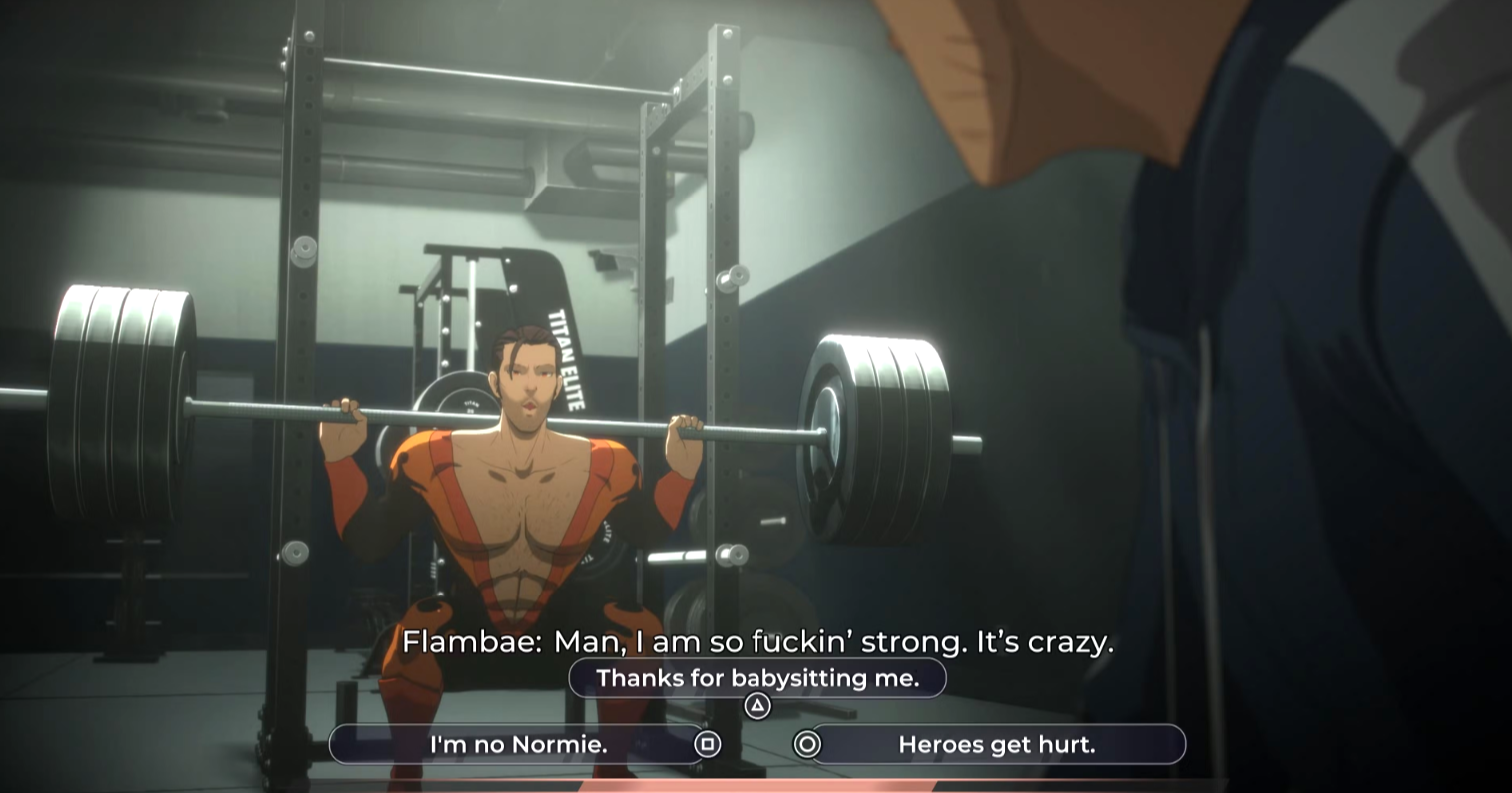 Сцена взаимодействия Роберта с Фламбе в спортзале во время жима гантелей в игре Dispatch