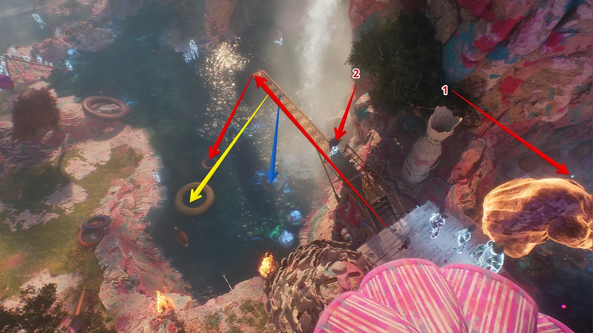 Три цветных кольца для прыжков возле берега водоёма