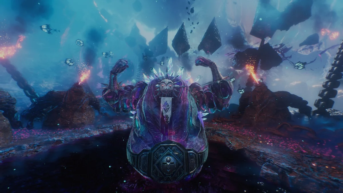 Финальный босс Оскьо с пустотной сферой в локации Корень всего зла