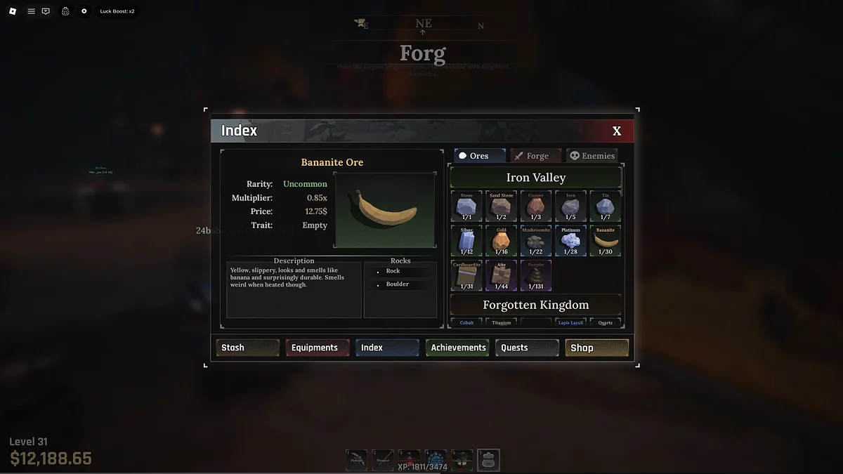 Интерфейс журнала Index с описанием добытых руд в The Forge