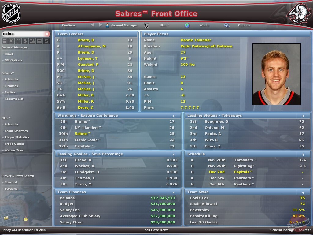 Скриншот из игры NHL Eastside Hockey Manager 2007 - 25